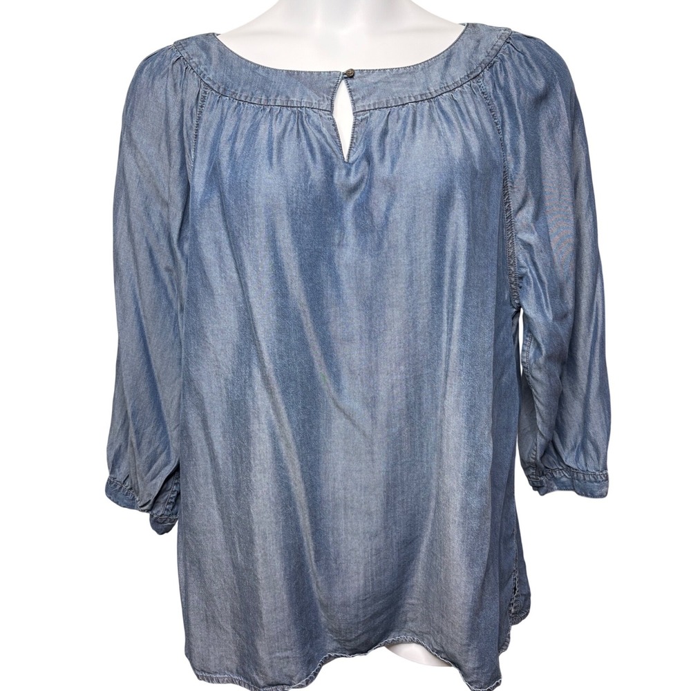 LANDS' END Womens Blue Chambray Peasant Blouse Sz 18 Coastal Casual Flowy Boho
